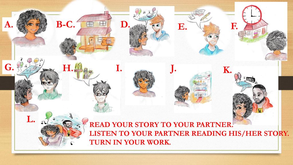 A. B-C. D. E. F. G. H. I. J. K. L. READ YOUR STORY TO YOUR PARTNER.