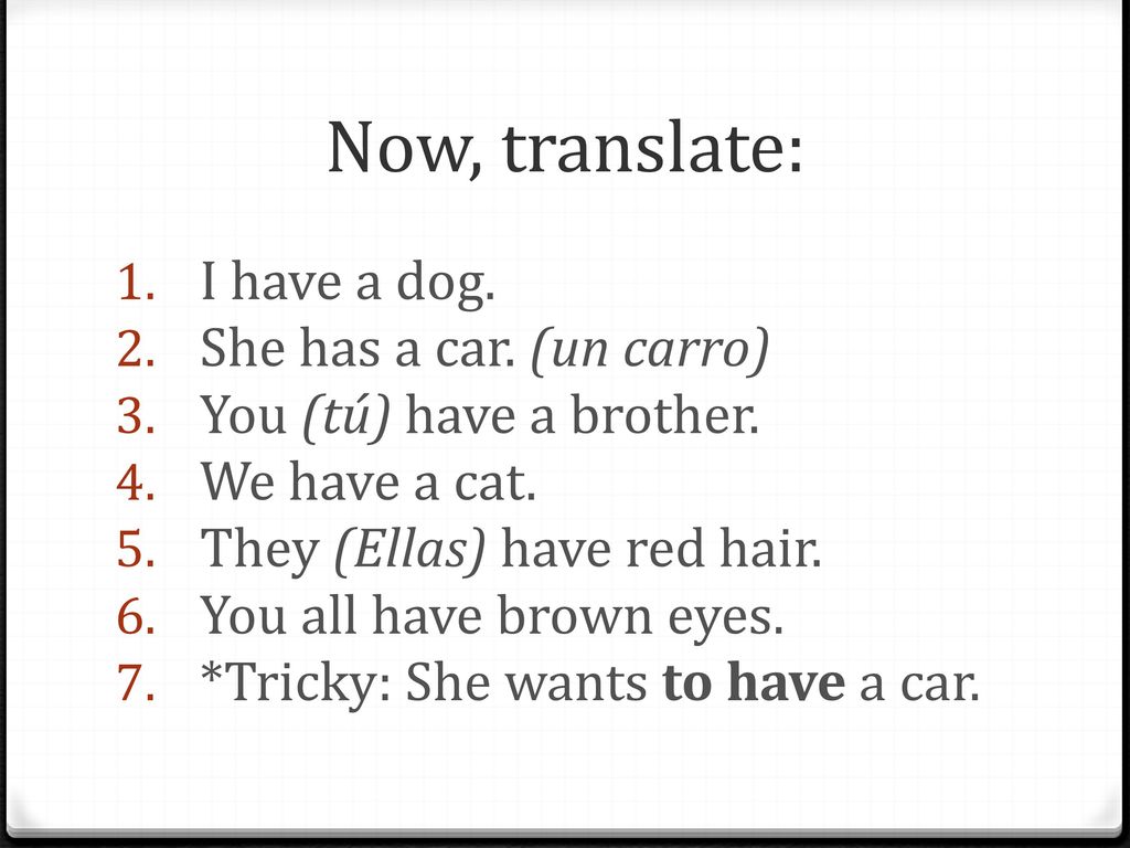 Now, translate: I have a dog. She has a car. (un carro)