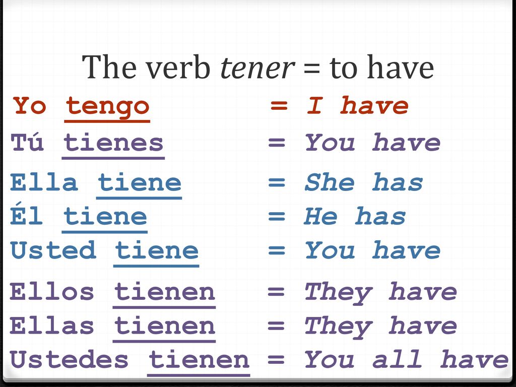 The verb tener = to have Yo tengo = I have Tú tienes = You have