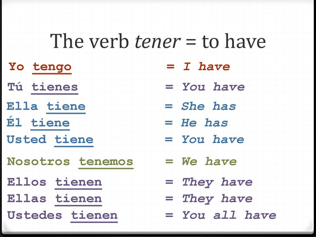 The verb tener = to have Yo tengo = I have Tú tienes = You have