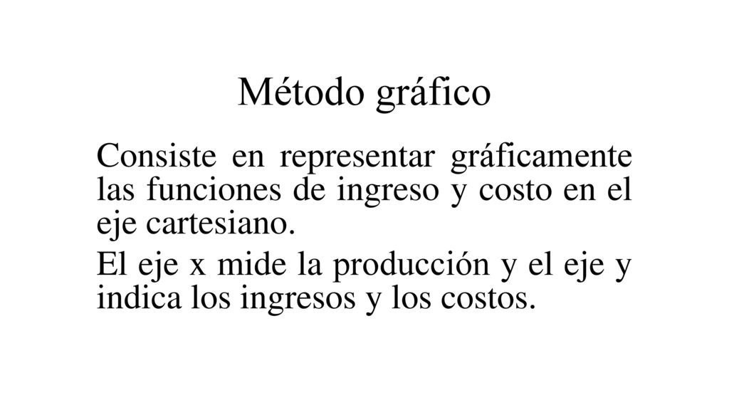 Método gráfico Consiste en representar gráficamente las funciones de ingreso y costo en el eje cartesiano.