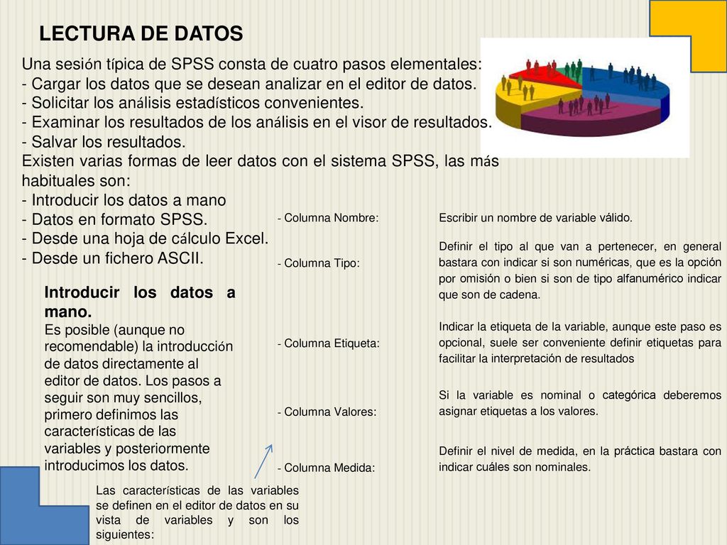 LECTURA DE DATOS Una sesión típica de SPSS consta de cuatro pasos elementales: - Cargar los datos que se desean analizar en el editor de datos.