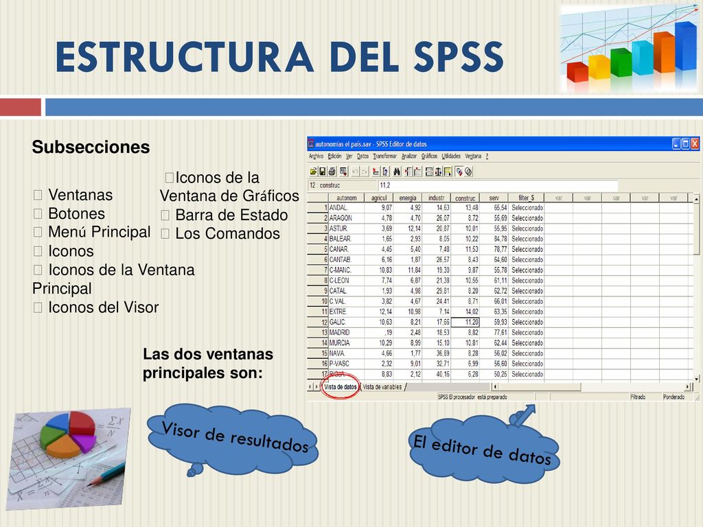 ESTRUCTURA DEL SPSS Visor de resultados El editor de datos