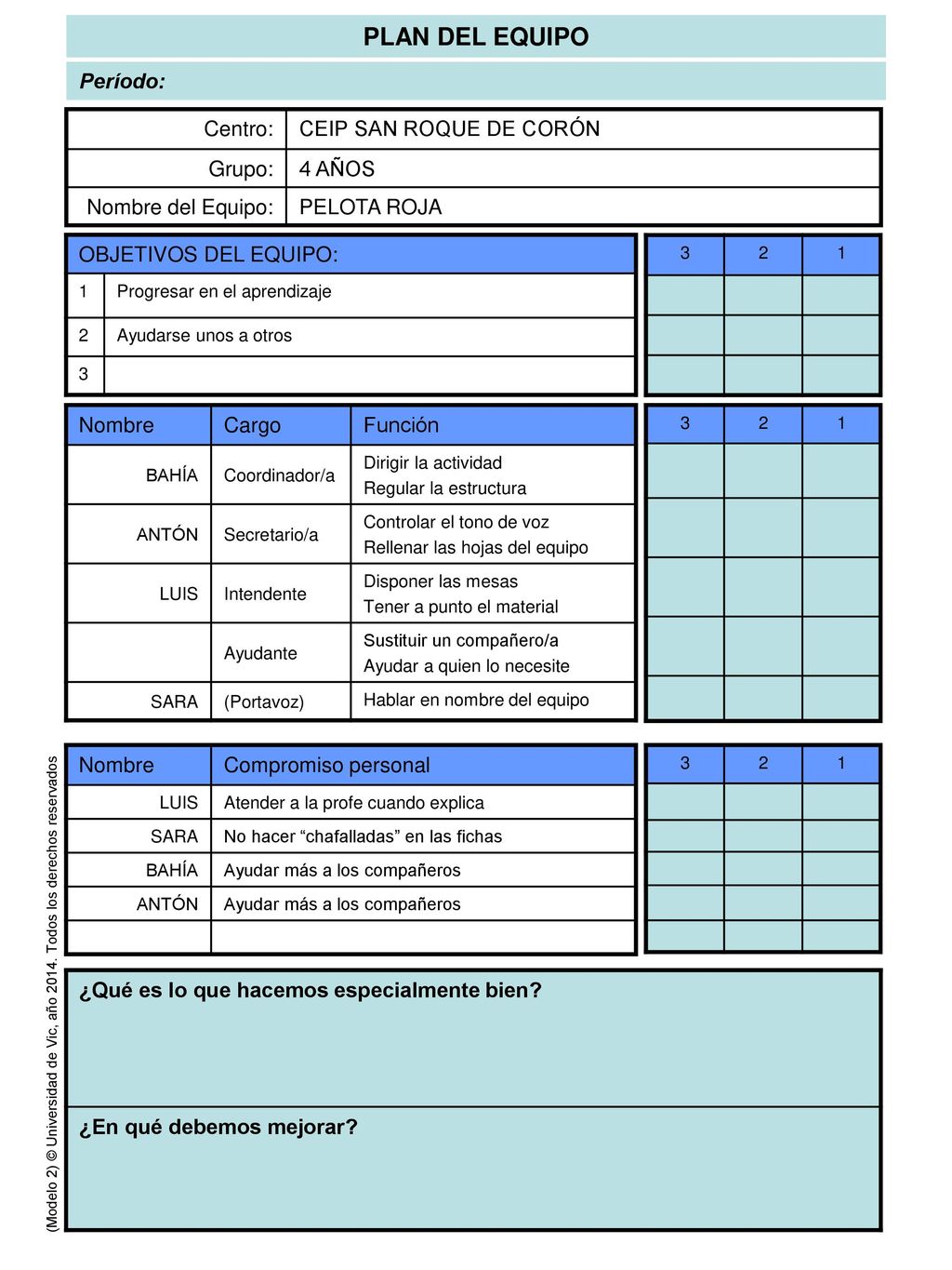 PLAN DEL EQUIPO Período: Centro: CEIP SAN ROQUE DE CORÓN Grupo: 4 AÑOS
