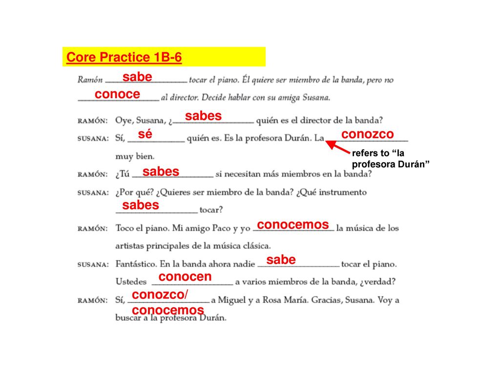 Core Practice 1B-6 sabe conoce sabes sé conozco sabes sabes conocemos
