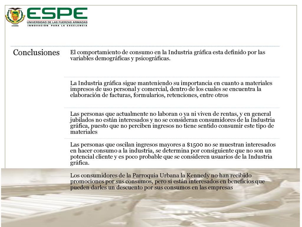 Conclusiones El comportamiento de consumo en la Industria gráfica esta definido por las variables demográficas y psicográficas.