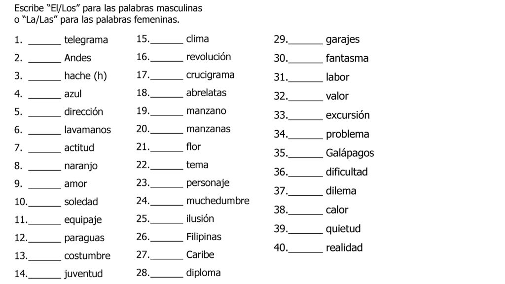 ______ garajes ______ fantasma ______ labor ______ valor