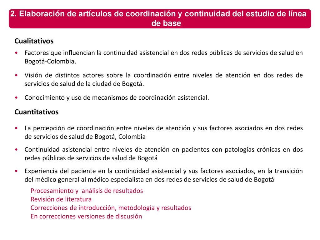 2. Elaboración de artículos de coordinación y continuidad del estudio de línea de base