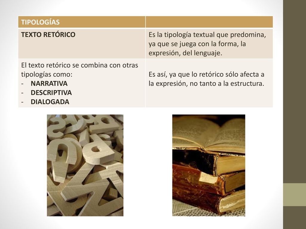 TIPOLOGÍAS TEXTO RETÓRICO. Es la tipología textual que predomina, ya que se juega con la forma, la expresión, del lenguaje.