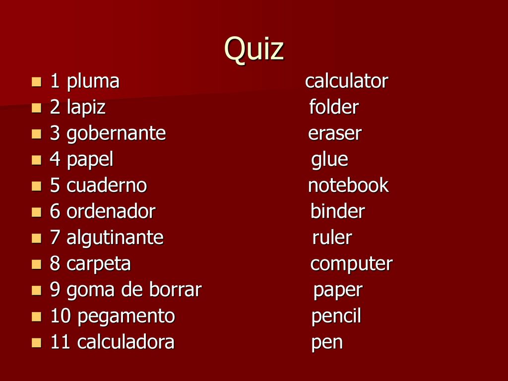 Quiz 1 pluma calculator 2 lapiz folder 3 gobernante eraser