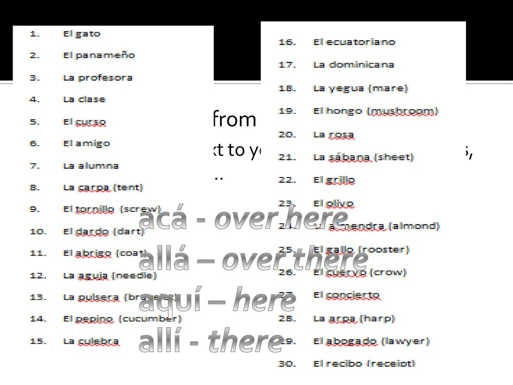 acá - over here allá – over there aquí – here allí - there