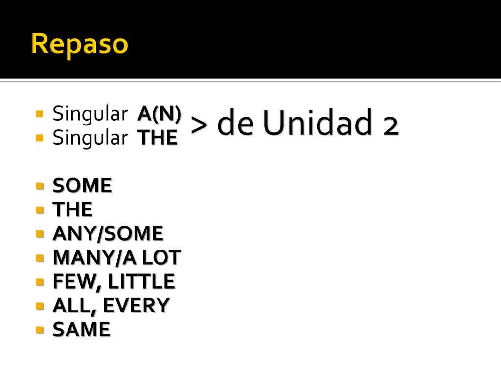 > de Unidad 2 Repaso Singular A(N) Singular THE SOME THE ANY/SOME