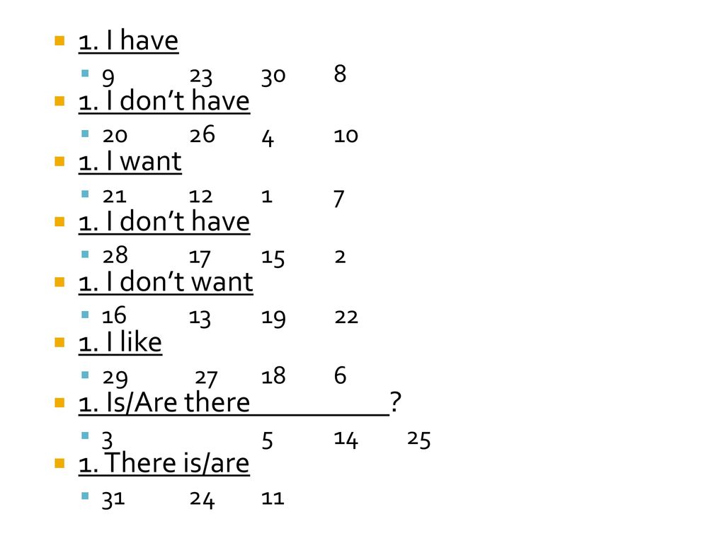 1. I have 1. I don’t have 1. I want 1. I don’t want 1. I like