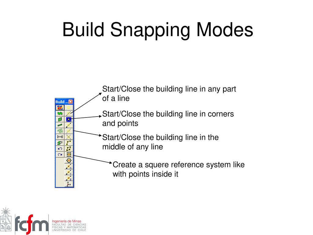 Build Snapping Modes Start/Close the building line in any part of a line. Start/Close the building line in corners and points.