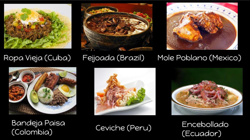 Ropa Vieja (Cuba) Feijoada (Brazil) Mole Poblano (Mexico) Bandeja Paisa. (Colombia) Encebollado (Ecuador)