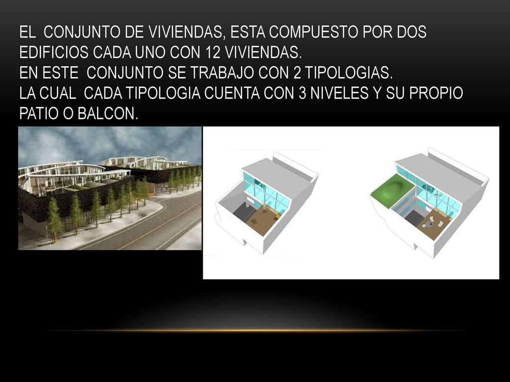 EL CONJUNTO DE VIVIENDAS, ESTA COMPUESTO POR DOS EDIFICIOS CADA UNO CON 12 VIVIENDAS.
