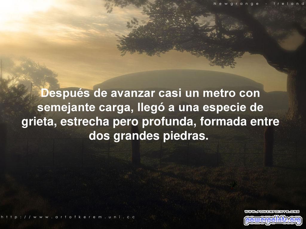 Después de avanzar casi un metro con semejante carga, llegó a una especie de grieta, estrecha pero profunda, formada entre dos grandes piedras.