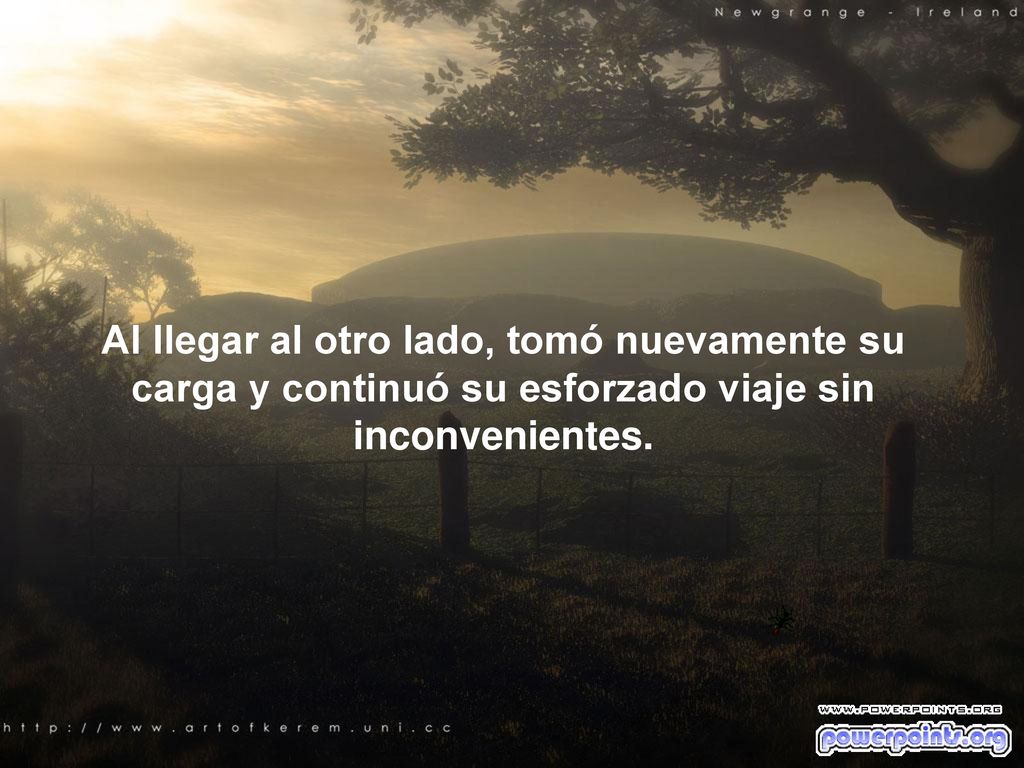 Al llegar al otro lado, tomó nuevamente su carga y continuó su esforzado viaje sin inconvenientes.