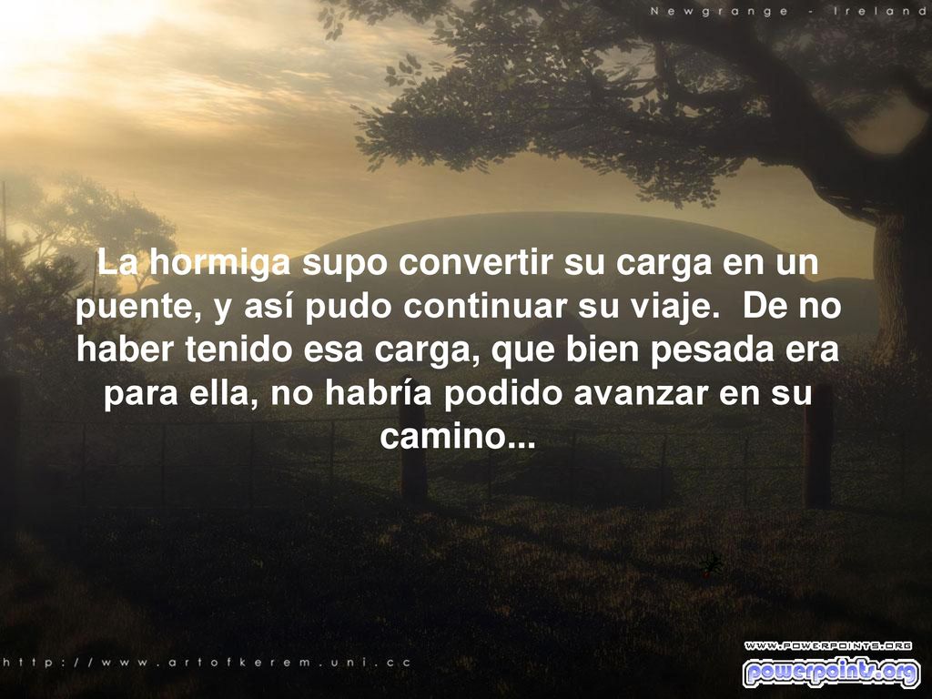 La hormiga supo convertir su carga en un puente, y así pudo continuar su viaje. De no haber tenido esa carga, que bien pesada era para ella, no habría podido avanzar en su camino...