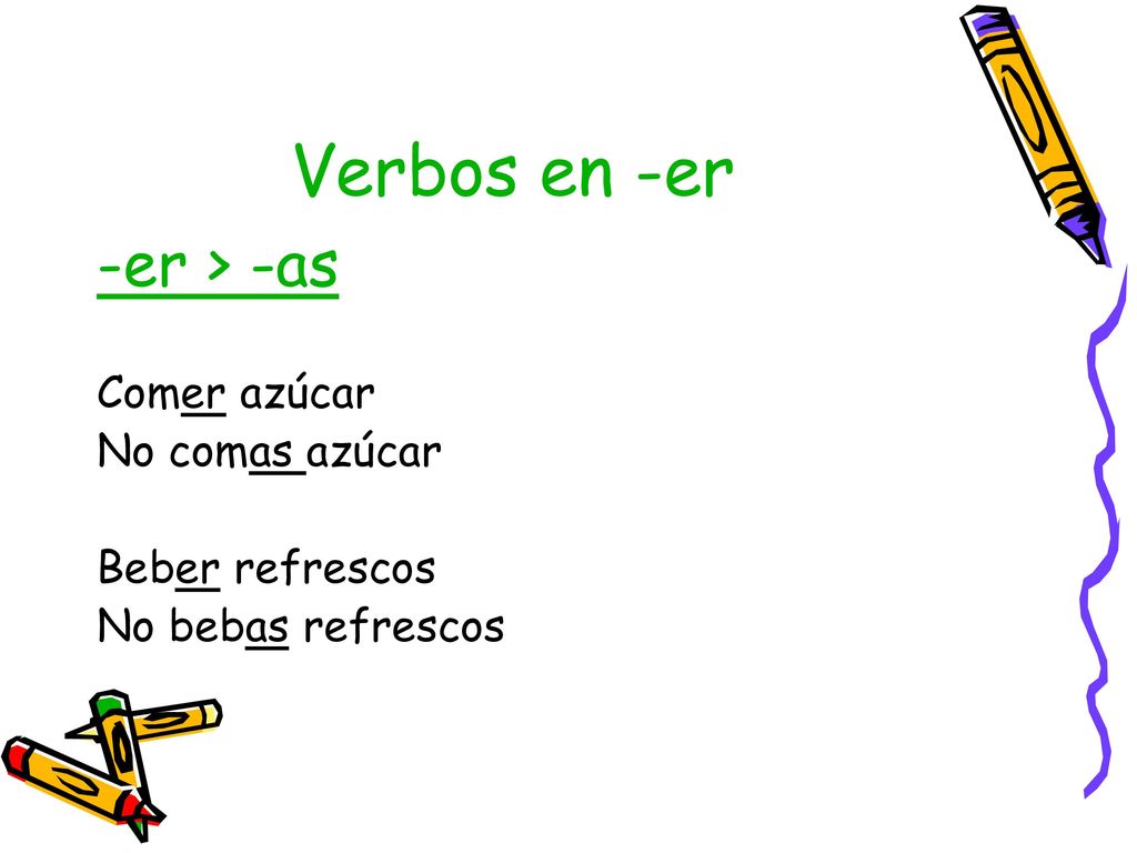 Verbos en -er -er > -as Comer azúcar No comas azúcar