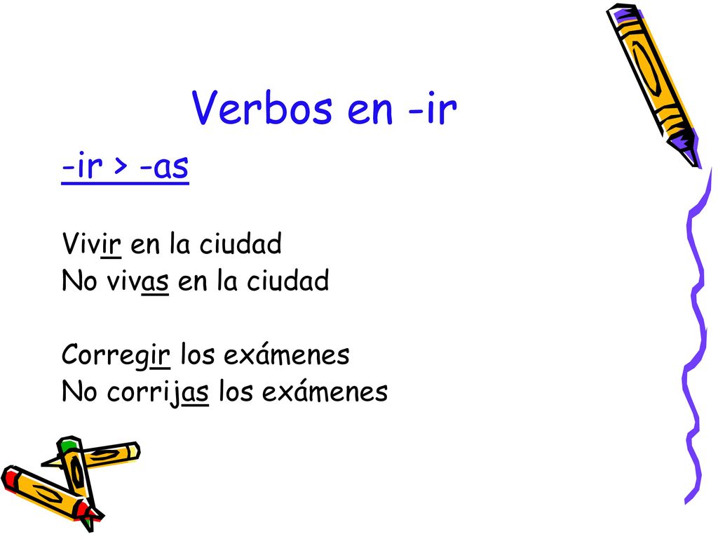 Verbos en -ir -ir > -as Vivir en la ciudad No vivas en la ciudad