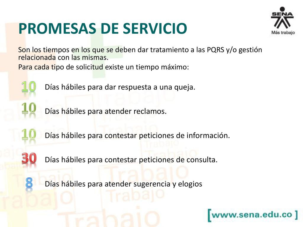 PROMESAS DE SERVICIO Son los tiempos en los que se deben dar tratamiento a las PQRS y/o gestión relacionada con las mismas.