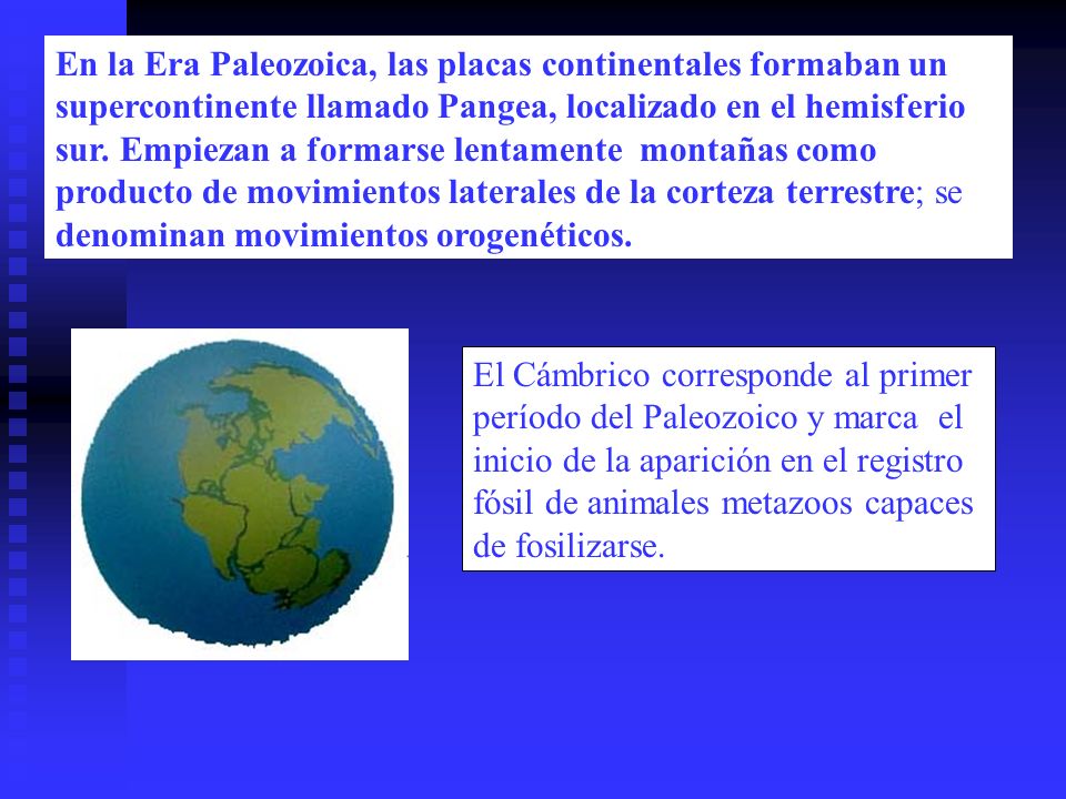En la Era Paleozoica, las placas continentales formaban un supercontinente llamado Pangea, localizado en el hemisferio sur. Empiezan a formarse lentamente montañas como producto de movimientos laterales de la corteza terrestre; se denominan movimientos orogenéticos.