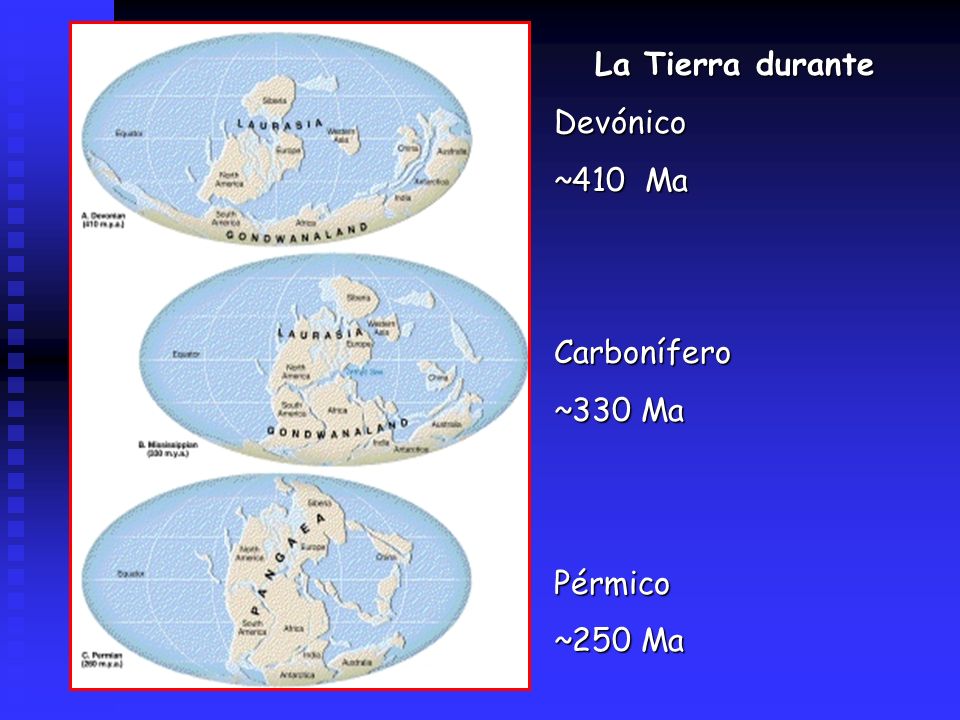 La Tierra durante Devónico ~410 Ma Carbonífero ~330 Ma Pérmico ~250 Ma