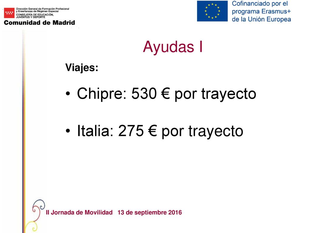 Ayudas I Chipre: 530 € por trayecto Italia: 275 € por trayecto Viajes: