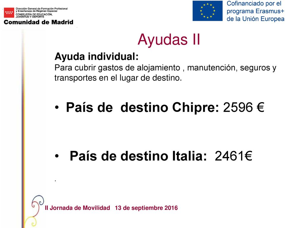 Ayudas II País de destino Chipre: 2596 € País de destino Italia: 2461€