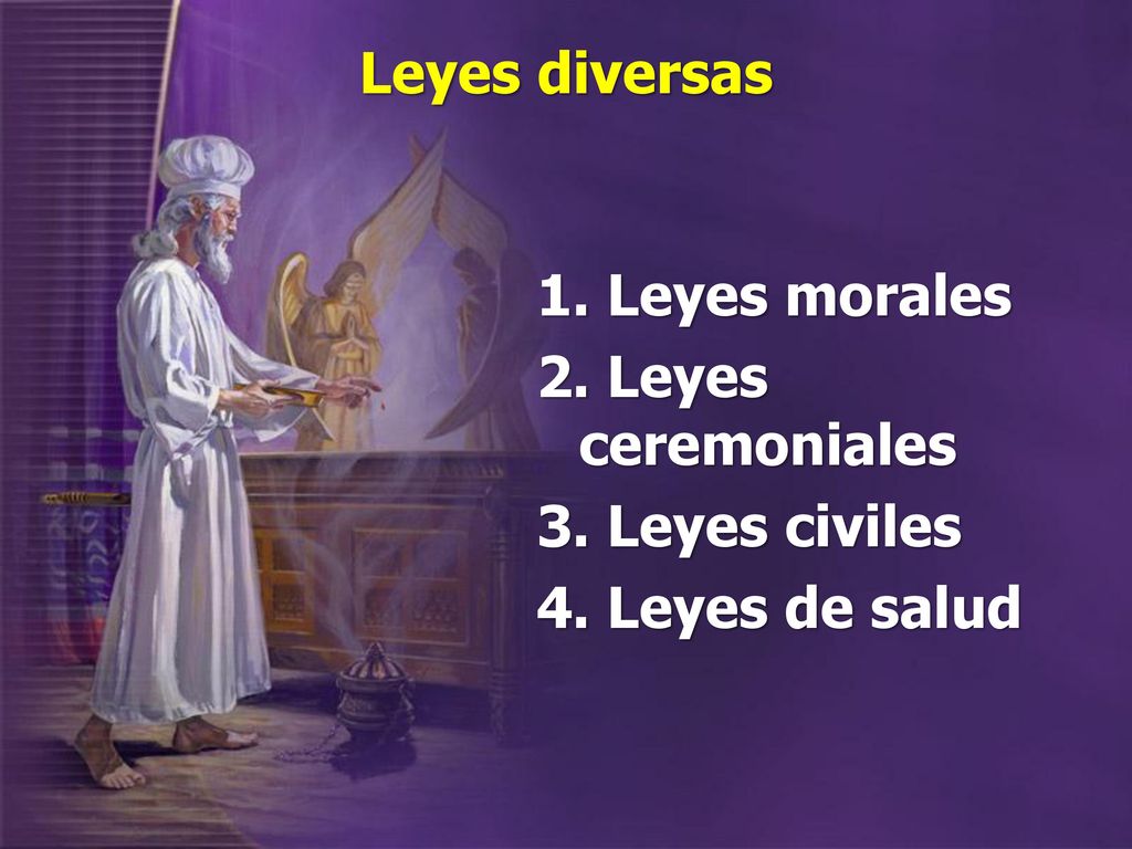 Leyes diversas 1. Leyes morales 2. Leyes ceremoniales 3. Leyes civiles 4. Leyes de salud