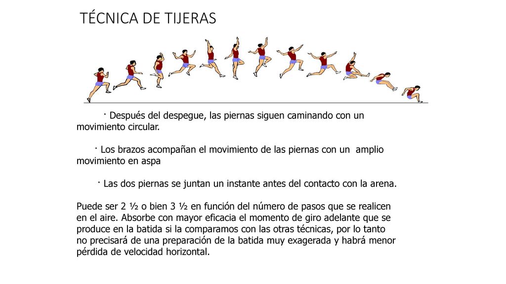 TÉCNICA DE TIJERAS · Después del despegue, las piernas siguen caminando con un movimiento circular.
