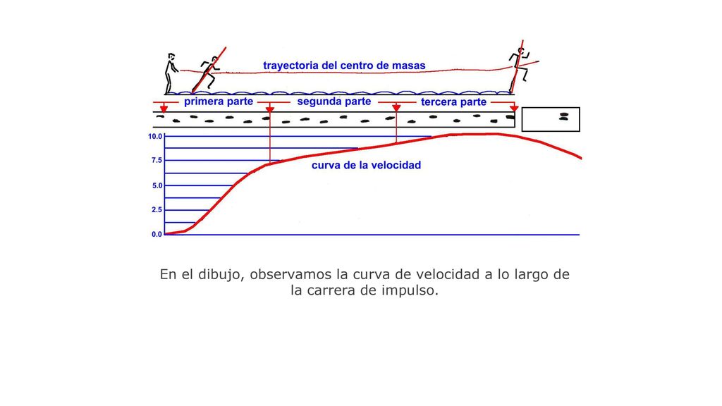 En el dibujo, observamos la curva de velocidad a lo largo de la carrera de impulso.
