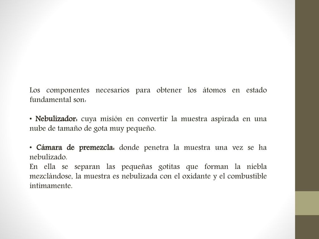 Los componentes necesarios para obtener los átomos en estado fundamental son: