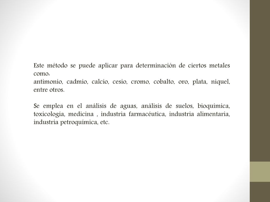 Este método se puede aplicar para determinación de ciertos metales como: