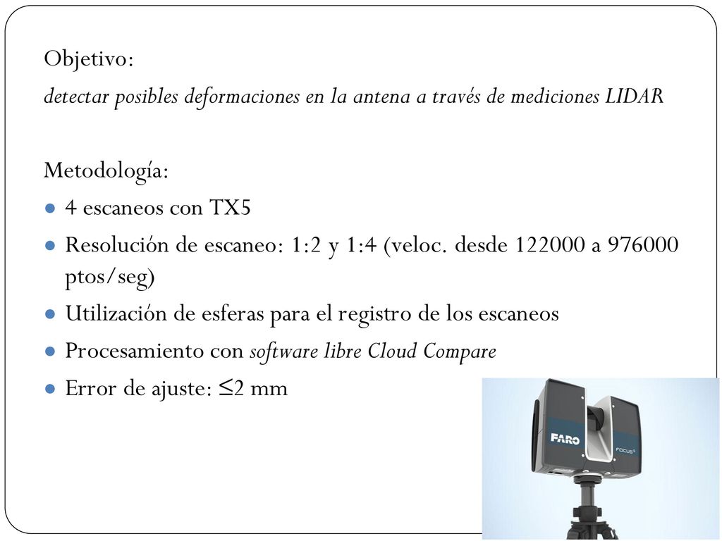 Objetivo: detectar posibles deformaciones en la antena a través de mediciones LIDAR. Metodología: 4 escaneos con TX5.