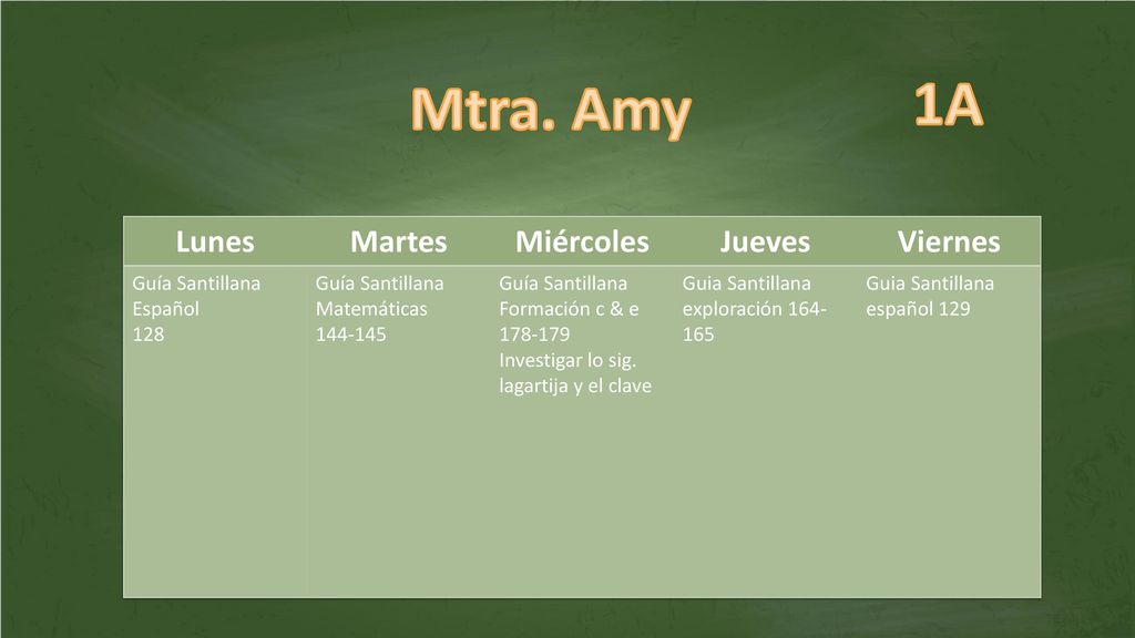 1A Mtra. Amy Lunes Martes Miércoles Jueves Viernes Guía Santillana