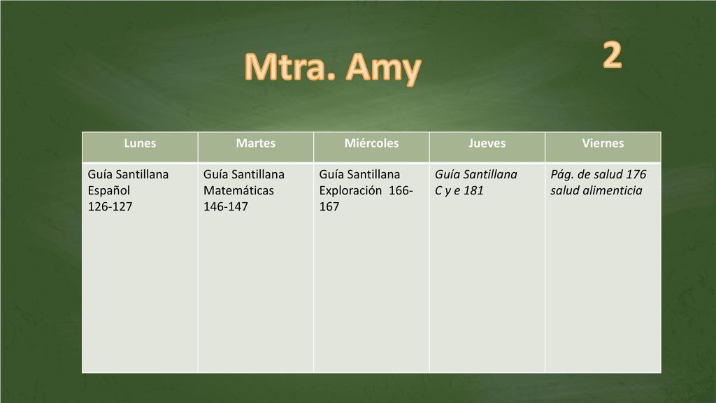2 Mtra. Amy Lunes Martes Miércoles Jueves Viernes Guía Santillana