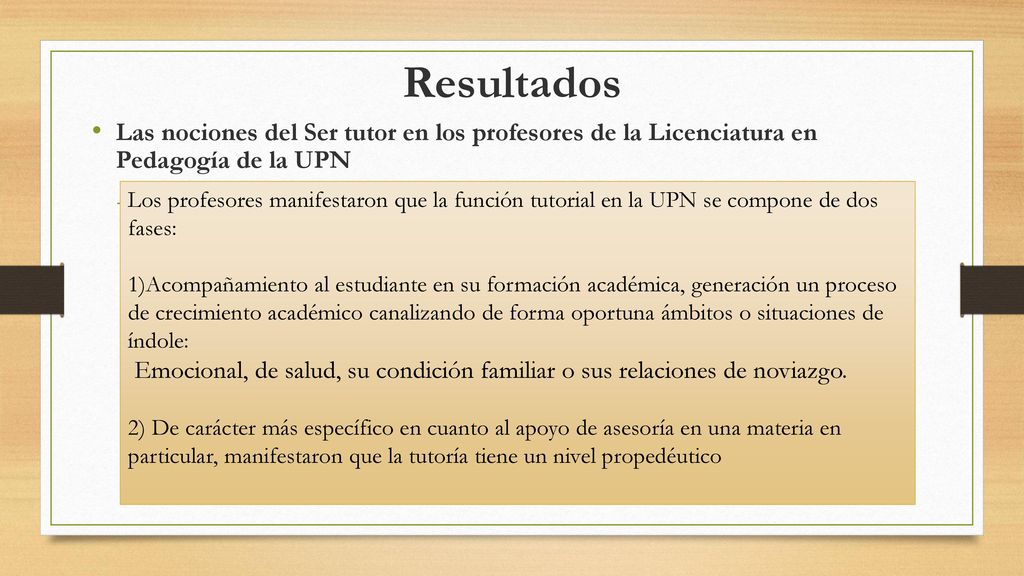 Resultados Las nociones del Ser tutor en los profesores de la Licenciatura en Pedagogía de la UPN.