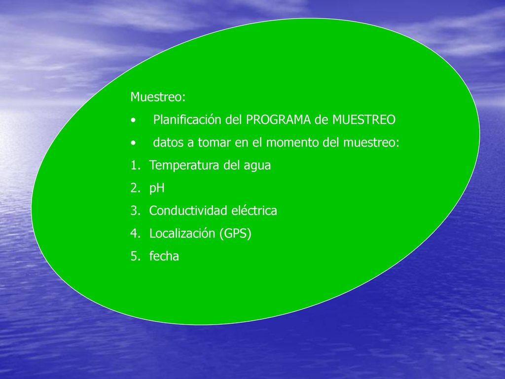 Muestreo: Planificación del PROGRAMA de MUESTREO. datos a tomar en el momento del muestreo: Temperatura del agua.