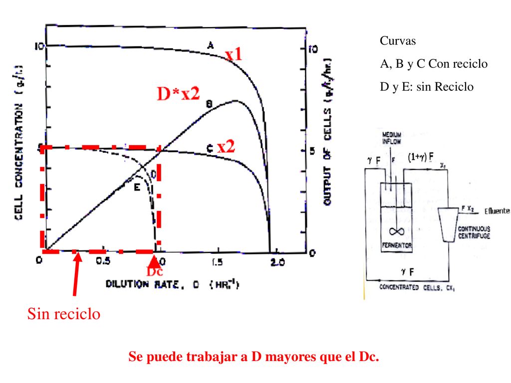 Sin reciclo x D*x Se puede trabajar a D mayores que el Dc. Curvas
