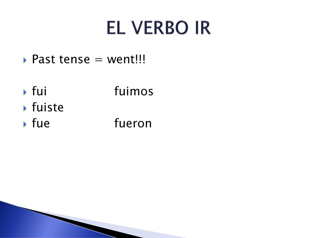 EL VERBO IR Past tense = went!!! fui fuimos fuiste fue fueron