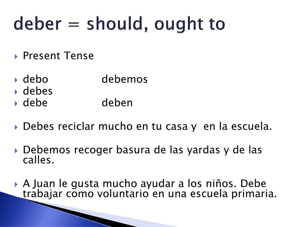 deber = should, ought to Present Tense debo debemos debes debe deben