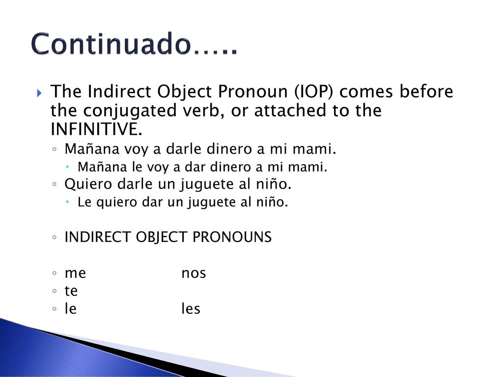 Continuado….. The Indirect Object Pronoun (IOP) comes before the conjugated verb, or attached to the INFINITIVE.