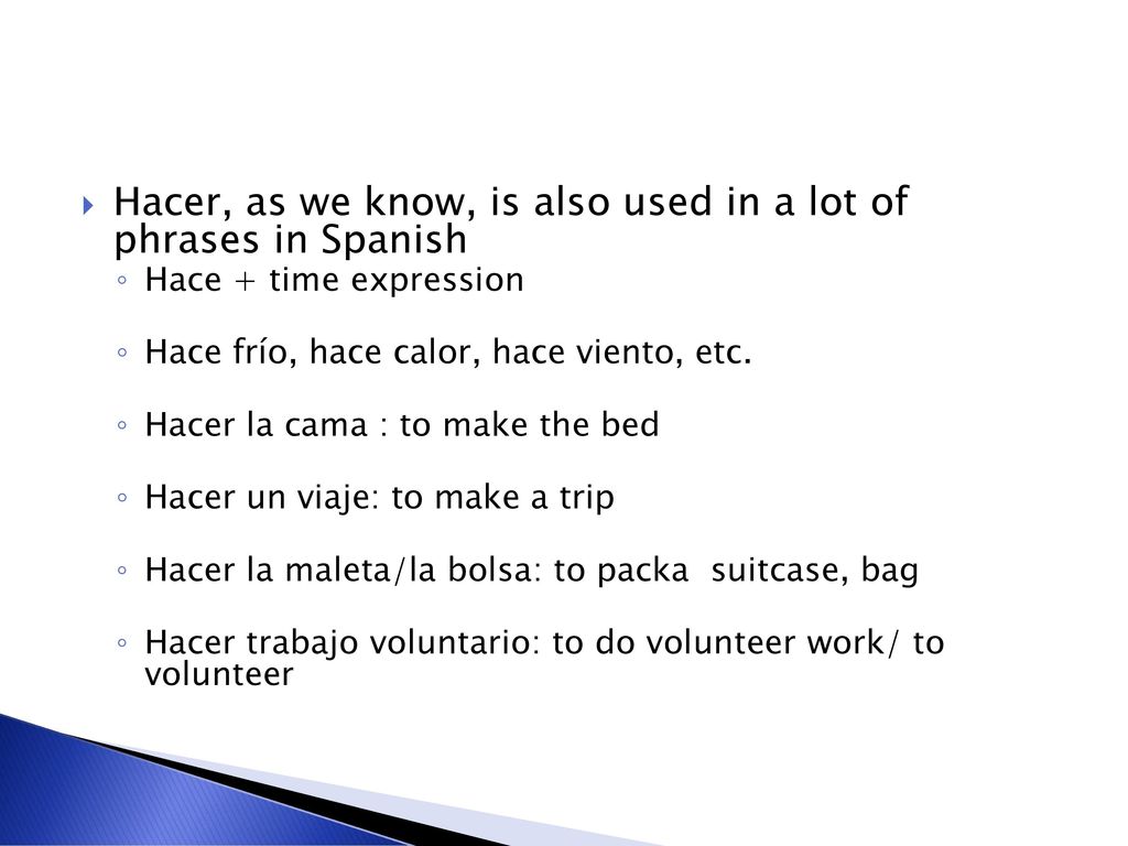 Hacer, as we know, is also used in a lot of phrases in Spanish