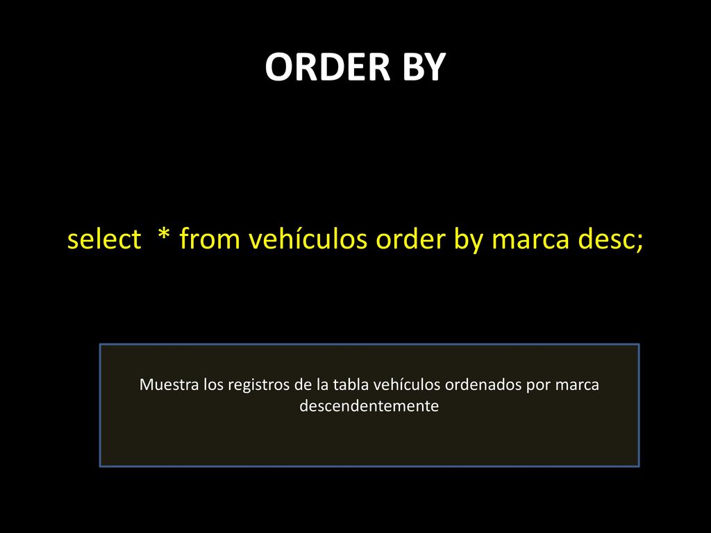 select * from vehículos order by marca desc;
