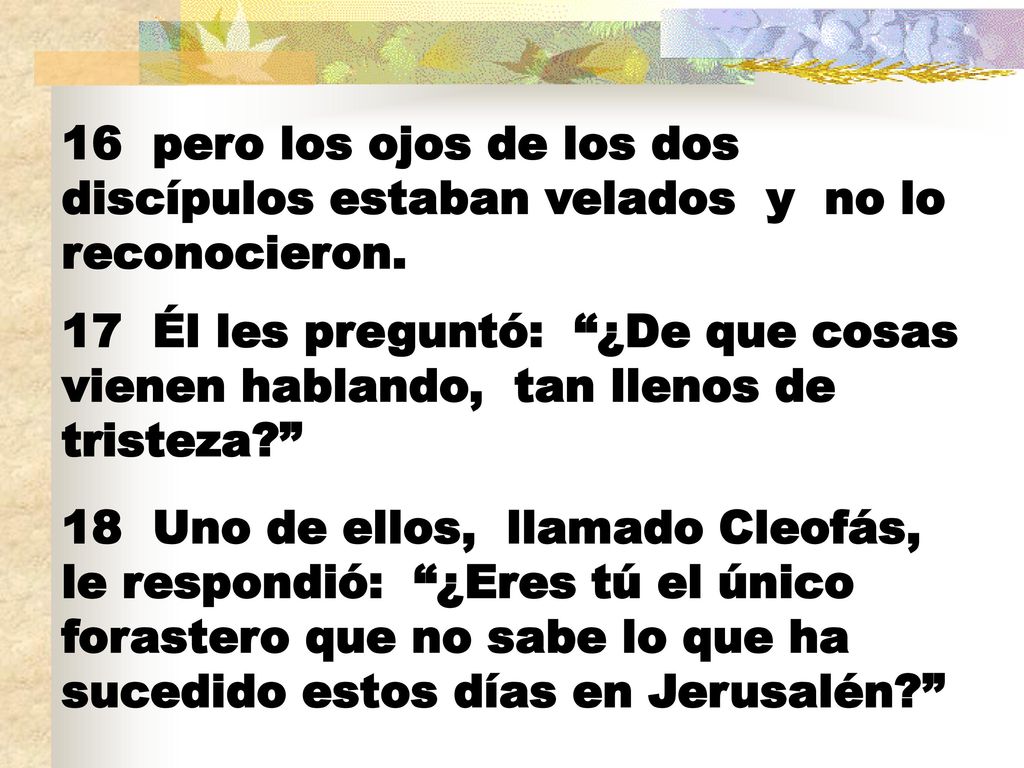 16 pero los ojos de los dos discípulos estaban velados y no lo reconocieron.