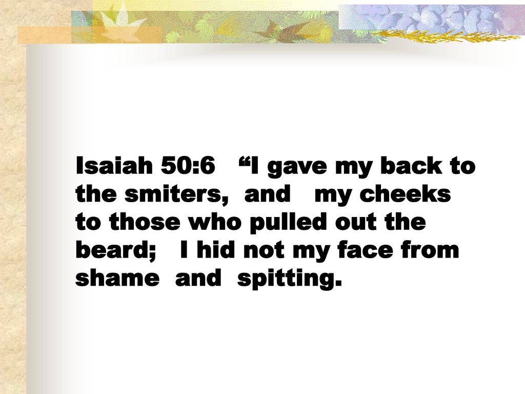 Isaiah 50:6 I gave my back to the smiters, and my cheeks to those who pulled out the beard; I hid not my face from shame and spitting.