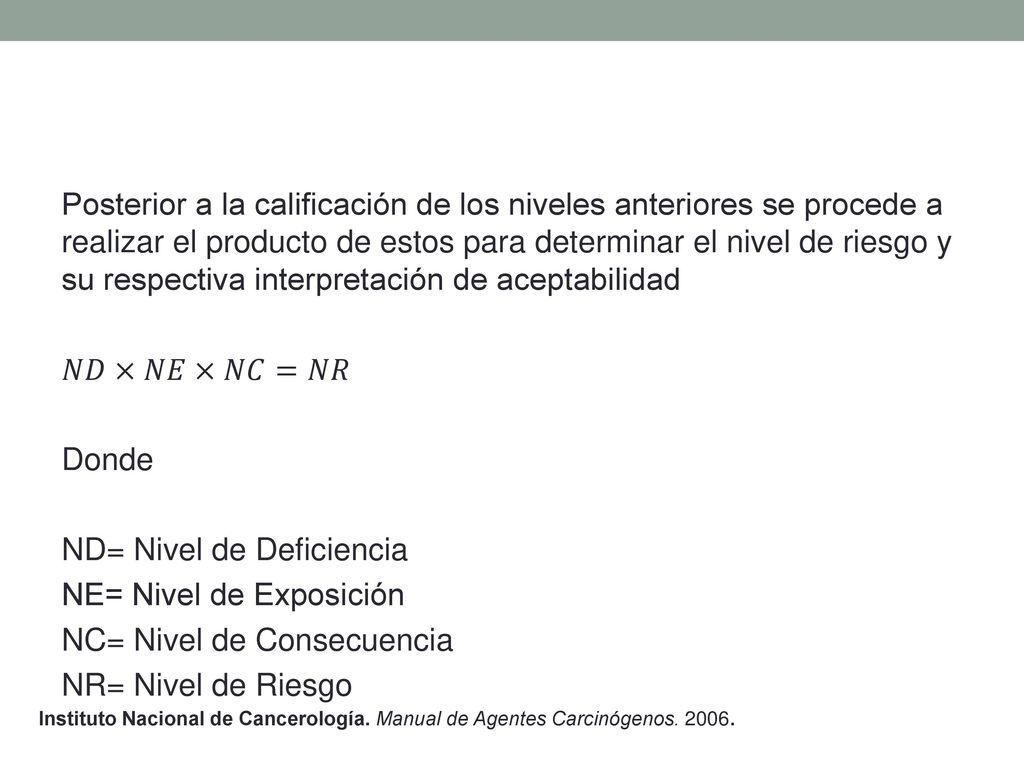 Posterior a la calificación de los niveles anteriores se procede a realizar el producto de estos para determinar el nivel de riesgo y su respectiva interpretación de aceptabilidad 𝑁𝐷×𝑁𝐸×𝑁𝐶=𝑁𝑅 Donde ND= Nivel de Deficiencia NE= Nivel de Exposición NC= Nivel de Consecuencia NR= Nivel de Riesgo