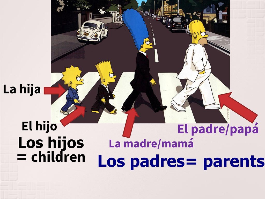 Los padres= parents Los hijos = children La hija El hijo El padre/papá